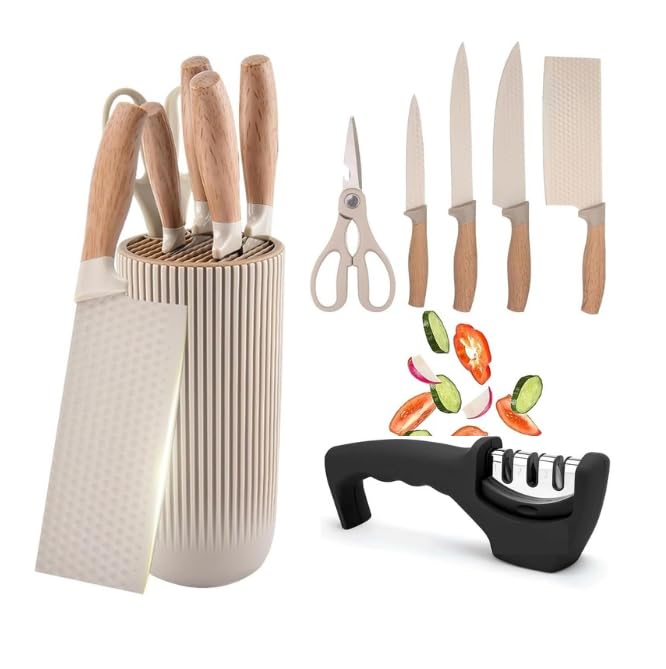 - 6 Piece Knife Set with Block Razor-Sharp with Manual 3 Stage Knives Sharpner Tool Advanced Knife Sharpener German Engineered Knife Set Lightweight and Strong Chef, Kitchen,Veg,Bread,Tomato Knife Set