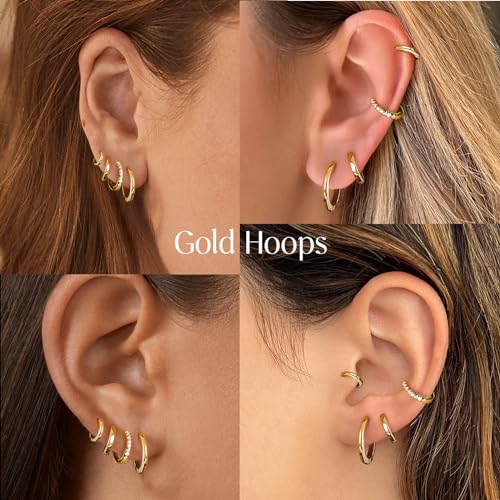 Image of Small Gold Huggie Hoop Earrings Set for Women Men Hypoallergenic 14K Plated Stack Cartilage Earrings, Sterling Silver Multiple Piercing Lightweight Mini Thin Cute Dainty Trendy Jewelry Gifts for Women