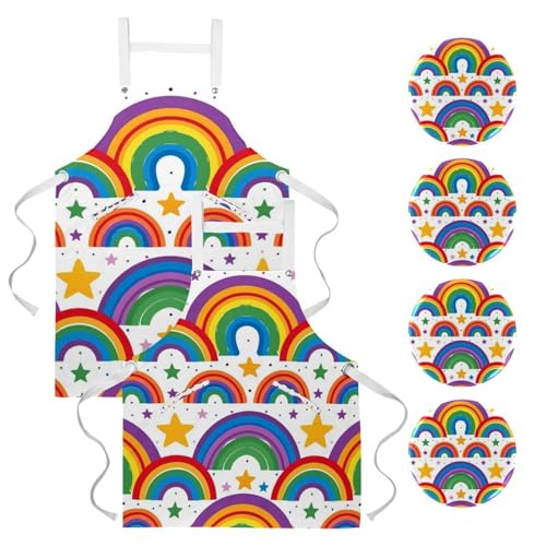 Lot de 2 tabliers de cuisine étoiles arc-en-ciel imperméables à 2 poches