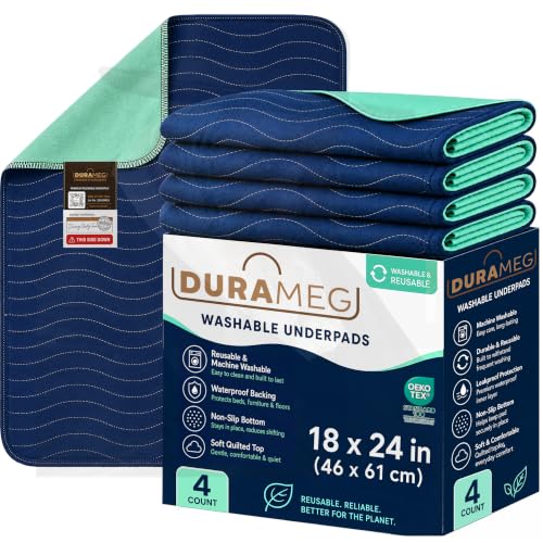 Image of DURAMEG Reusable Underpads 18x24 (4 Pack) Washable Bed Pads for Incontinence Adults, Waterproof Mattress Protector, Puppy Pads Washable, Heavy Absorbent, Leakproof, Non Slip Backing