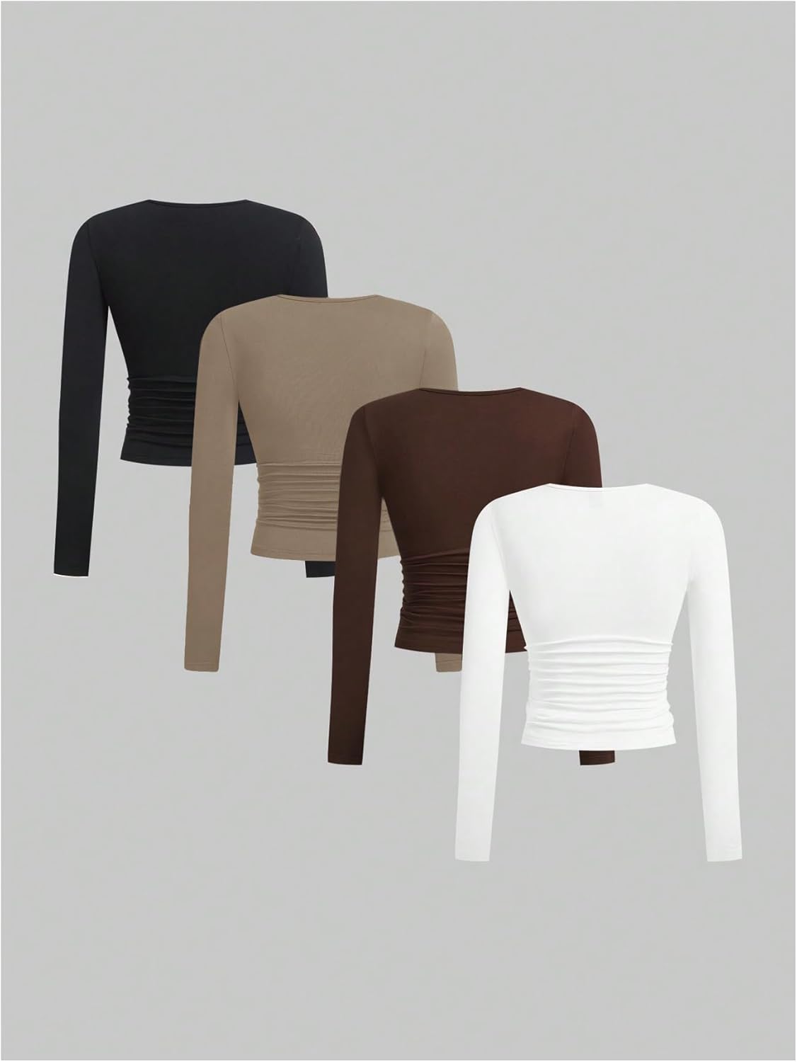 SOLY HUX Women's 4 Piece T Shirt Crewneck Long Sleeve Ruched Tee Slim Fitted Casual Basic Fall Tops Multicolor Large - Image 2