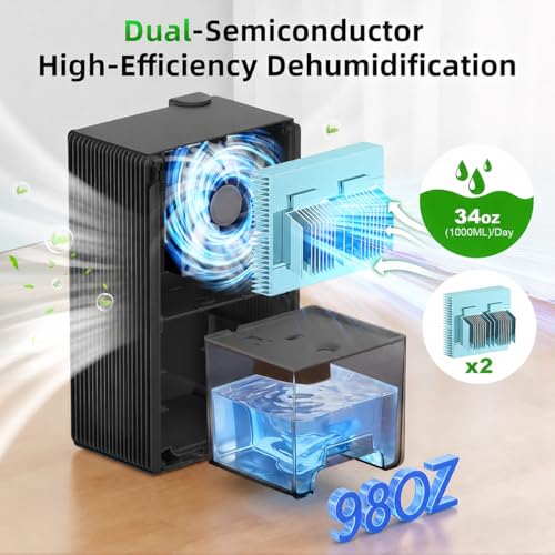 Image of 98 OZ Small Dehumidifier for Home 1000 Sq Ft, Quiet Dehumidifier with Drain Hose, Auto Shut-Off, Sleep Mode, 7-Color Light for Basement, Bedroom, Bathroom, Closet, RV (Black)