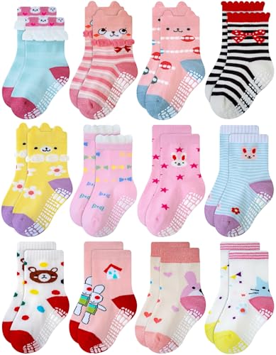 RATIVE Non Skid Anti Slip Cotton Dress Crew Socks With Grips For Baby Infant Toddler Kids Girls (3-5T, RG-726727)
