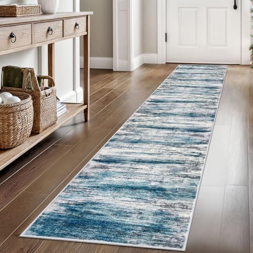 KOZYFLY Modern Abstract Runner Rug, 2x8 Kitchen Rugs Non-Slip Washable Soft Striped Hallway Runner Rugs, Print Distressed Blue Carpet Runner for Entryway Bathroom Laundry Room Foyer