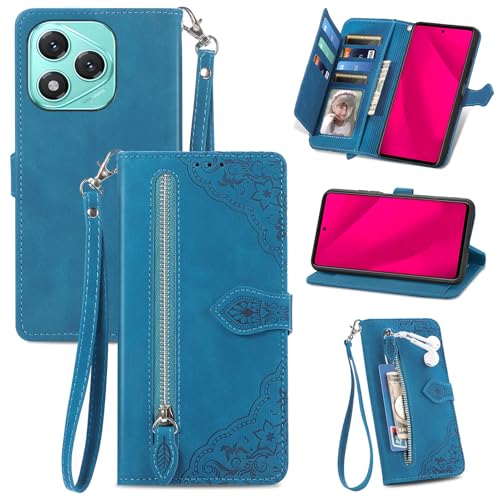 Fertuo Cover per Honor 400 Lite 5G, Custodia a Libro in Pelle PU Flip Case con Porta Carte, Chiusura Magnetica e Cinturino [Disegni di Fiori] Portafoglio Antiurto per Honor 400 Lite 5G, Blu