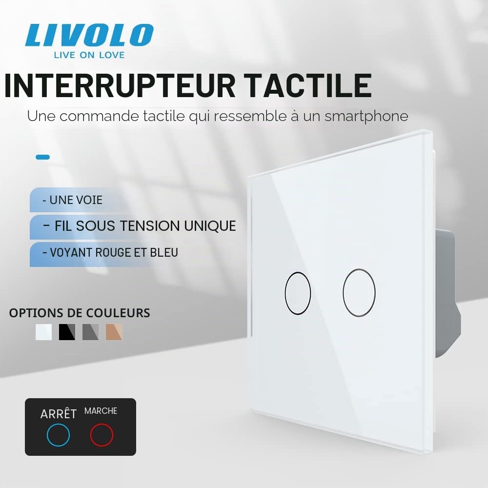 Livolo EU Standard Interrupteur Tcttile Verre de Luxe Panneau de Verre Écran Tactile avec Indicateur LED, Blanc, VL-C702-1-A