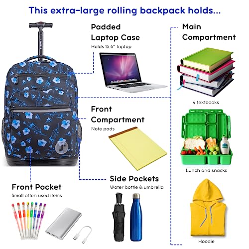 Image of J World New York Sundance Rolling Backpack Girl Boy Roller Bookbag, Night Bloom, 20 X 13 X 9 (H X W X D), RBS-19 NIGHT BLOOM
