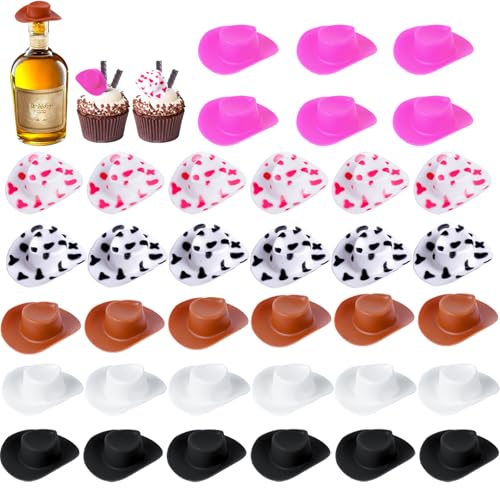 36 Pcs Plastic Mini Western Cowboy Hat Pink Cowgirl Tiny Hat Miniature Cute Doll Hat Party Accessories for Dollhouse Decorations Mini Sombrero Hats Cupcake Toppers (6 Colors)