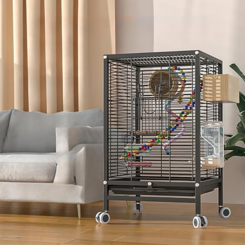 Bxzzuis 鳥かご 鳥かご 大型 鳥ケージ キャスター付き 鳥かご移動便利 ダブルロック設計 清掃が簡単 餌入れ付き ル鳥かご 複数飼い大型インコ ケージ セキセイインコゴザクラインコオカメイ (ブラック,オールメッシュ【パッケージ5】)