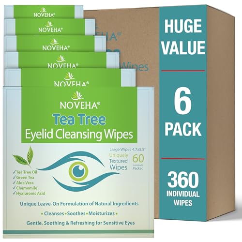 NOVEHA 360PCs Tea Tree Oil Eyelid &amp; Lash Wipes With Hyaluronic Acid, Green Tea &amp; Chamomile For Blepharitis &amp; Itchy Eyes, Individually Wrapped Eyelash Wipes Natural Makeup Remover &amp; Daily Cleanser