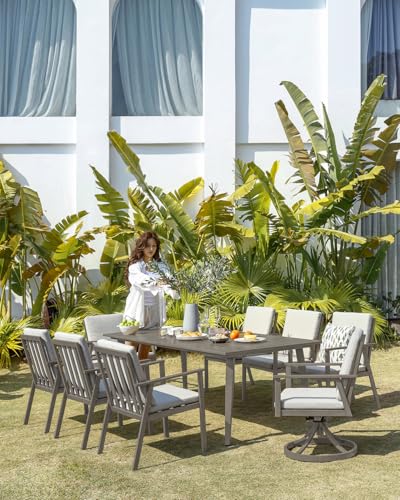 SEEHILL 9 Pieces Outdoor Dining Set for 8, Aluminum Patio Dining Set with 2.2" Umbrella Hole, All-Weather Outdoor Patio Furniture Set with 2 Swivel Chairs for Decks, Garden, Backyard, Limed Oak
