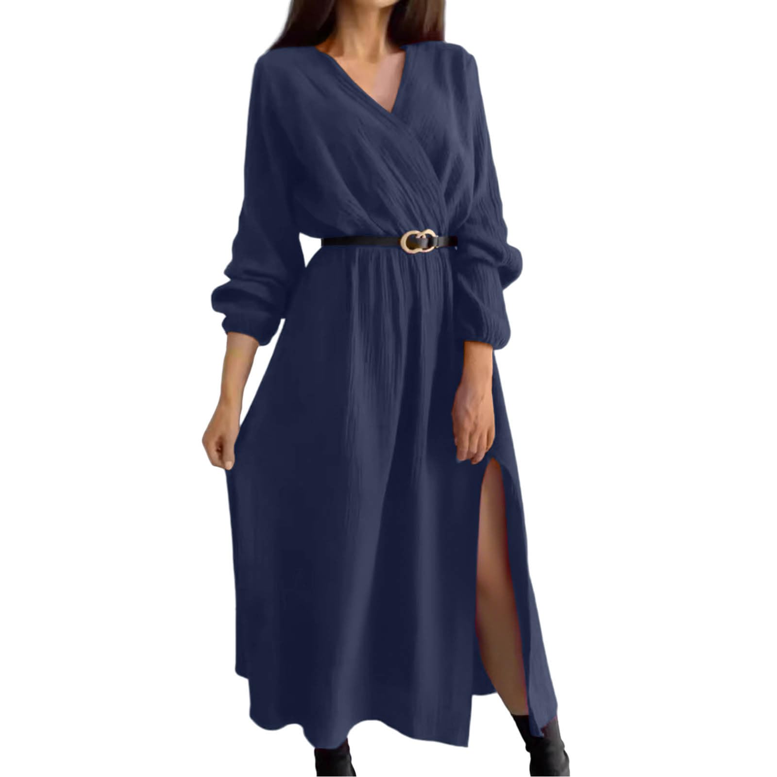 Womens Dresses Elegant V Neck Solid Color Maxi Dress Loose Business Casual Fall Fashion Work Outfit with Belt