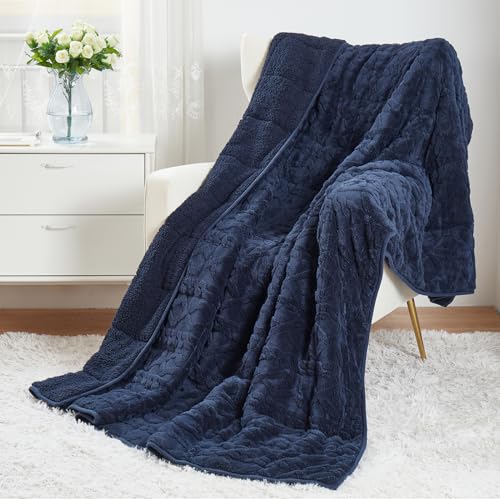 Drewin Weighted Blanket for Adults 20lbs Dual Sided Sherpa Weighted Blankets Posh Jacquard Cozy Warm Weighted Throw Blanket for Sleeping and Calming, Queen Size 60x80 inches, Navy Blue