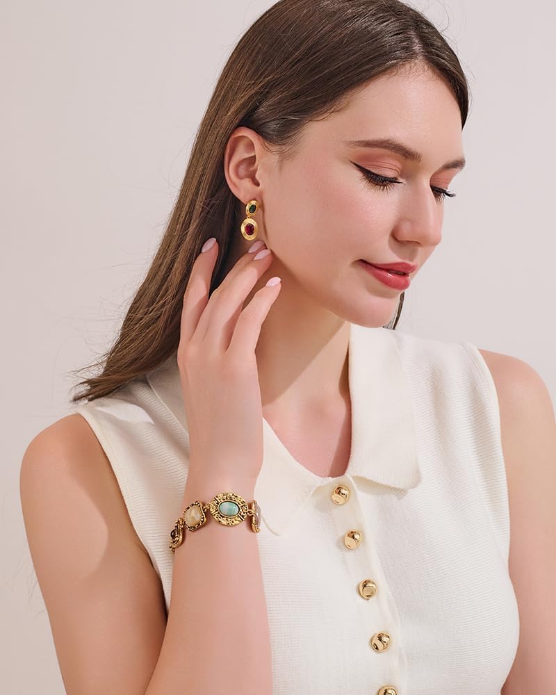 Vintage Gold Charm Bracelet For Women With Toggle And Bar Closure Imitation Tiger Eye Carnelian Cabs In Antique Gold Stone Setting Unique Chunky Copper Bracelet For Everyday Wear - Image 4