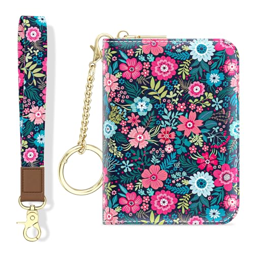 Image of Aiawoxc Credit Card Holder, Small RFID Wallet Slim Leather Card Organizer Case with Zipper and Wristlet Strap, Elegant Flowers