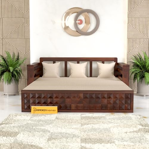 Image of Mamta Furniture Solid Sheesham Wood Sofa Set 3 Seater Furniture Wooden 3 Seater Sofa Cums Bed for Home Living Room with Cushions (Walnut with Cream, 3 Seater Design 2)