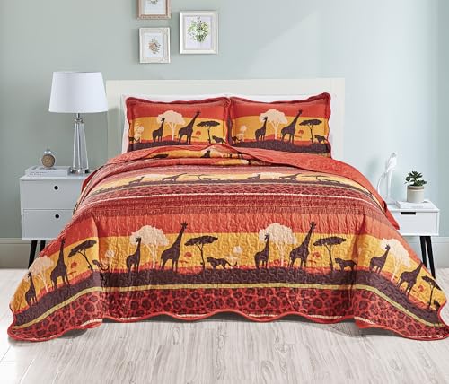 Grand Linen Juego de edredón de 3 piezas tamaño California King de gran tamaño, 118 x 95 pulgadas, para todas las estaciones, colcha grande y ligera, suave, color rojo carmesí, naranja, marrón, patrón