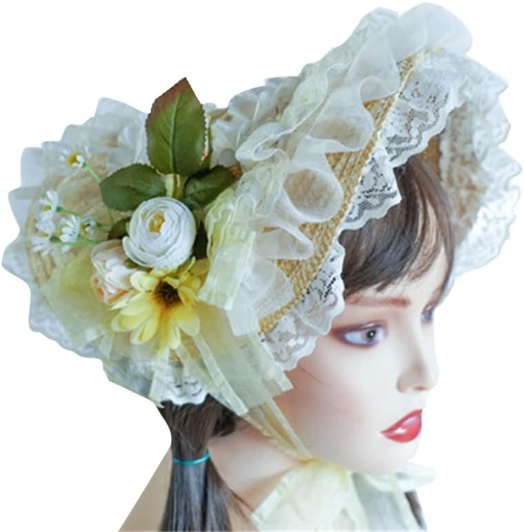 Teas Party Sunhat Lace Fascinators for Women Lolit Straw Hat Victorian Bonnet Victorian Headdress Floral Straw Hat Black