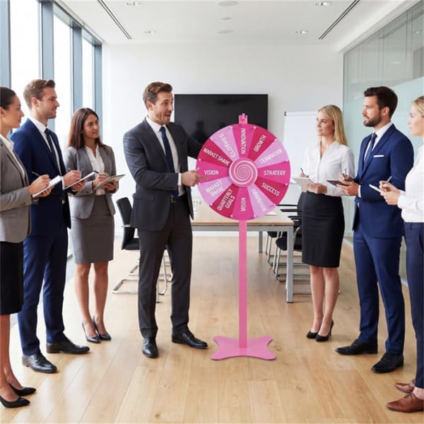 24 Inch Height Adjustable Prize Wheel (Pink) – 2-in-1 Tabletop/Floor Standing Spinning Wheel with Smooth Spin, Write-Wipe Surface, Carnival Game Wheel