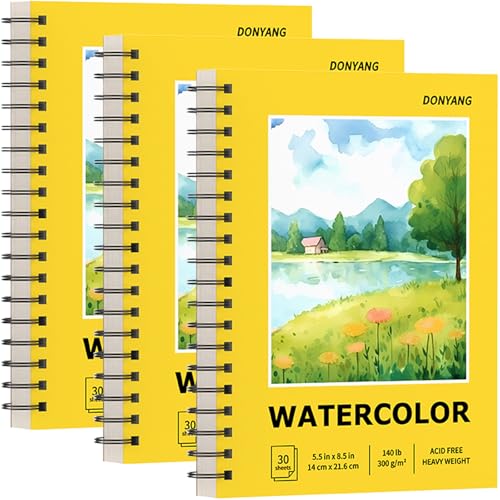 Watercolor Paper Pad, 5.5" x 8.5" Spiral Bound Art Sketch Book, Pack of 3 (90 Sheets),(140lb/300g) Artist Water Color Drawing Paper for Kids Adults, Art Supplies for Teens, Mixed Media Markers Journal