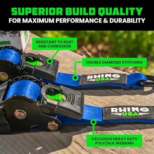 Image of Rhino USA Retractable Ratchet Straps (2-Pack) - 2 Inch x 10 Feet (3,033lb Break Strength) - Heavy Duty Auto Self Retracting Tie Down Straps for Truck, Cargo Trailer, Motorcycle, Rad & More - Blue