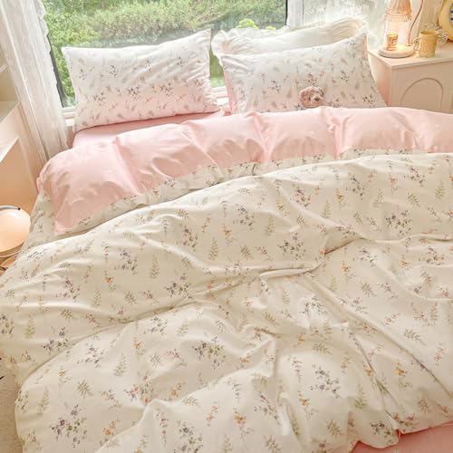 Image of Nayoroom Floral Duvet Cover Full Size Girls Pink White Botanical Flower Coquette Bedding Set 3 Pieces Soft Breathable Garden Cottagecore Aesthetic Comforter Cover with Pillow Shams