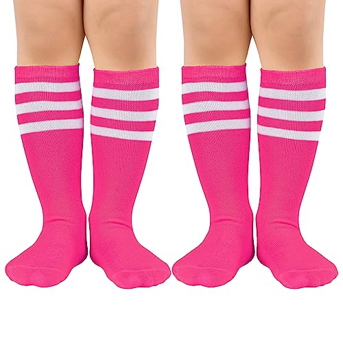 Image of Zando Toddler Soccer Socks Boys Girls Knee High Striped Tube Socks Kids School Uniform Dress Socks Athletic Long Socks, 2 Hot Pink White, 6-9 Years