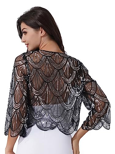 Womens Long Sleeve Sequin Lace Shrug Scallop Hem Open Front Bolero Cardigan for Evening Dress2
