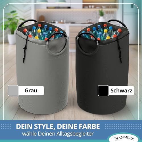 SAMMLEX Pfandflaschenbeutel|90 L Volumen für 50 Flaschen oder 70 Dosen|70 x 39 cm|faltbar und wasserabweisend|mit Kordelzug und Alu-Griffen|als Einkaufstasche verwendbar|grau und schwarz (Grau)