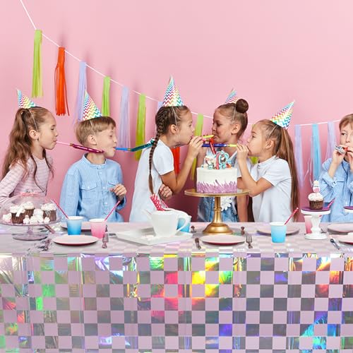 Image of 1Pack Iridescent Checkered and Purple Plastic Tablecloths Shiny Disposable Laser Rectangle Table Covers Holographic Foil Tablecloth Iridescent Party Decorations Birthday Bridal Baby Shower, 54x108Inch
