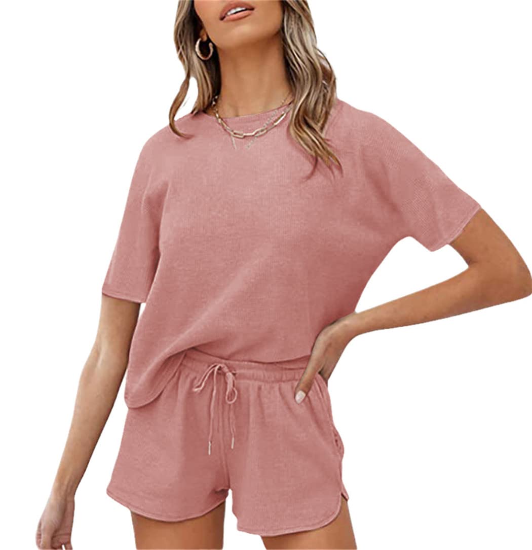Donne Primavera Rib Manica Corta Famiglia Colore Puro Tempo Libero Indossare Sport, rosa, XXL