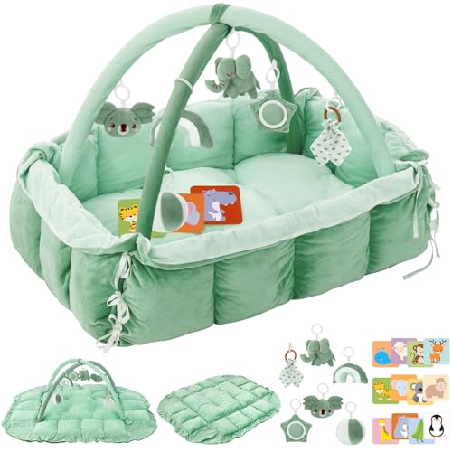 Image of 5-in-1 Plush Baby Play Gym, Baby Play Mats, Convertible Baby Gym, Tummy time mat, 6 Sensory Toys, Activity Center, Ball Pit, Sage Green