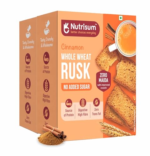 Image of Nutrisum Premium Whole Wheat Rusk Cinnamon Flavour, High Fiber, Refined Sugar Free, Tea Toasts 180 gms (Pack of 2)