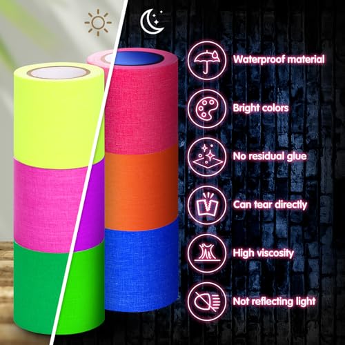 Image of Whaline 6 Colors Neon Gaffer Cloth Tape Fluorescent Rainbow Color UV Blacklight Glow in The Dark Tapes Neon Duct Reflective Tapes for Party Supplies (2 Inch x 16.5 Ft)
