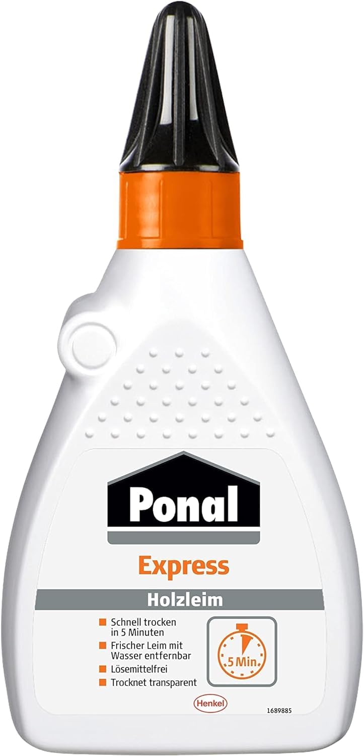 Ponal Express Holzleim, transparent und schnell trocknender Holzkleber für vielseitige Verleimungs- & Bastelarbeiten, wasserfester Leim in praktischer Flasche, 12x225g