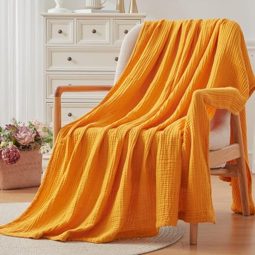 EMME Cotton Throw Blanket - 100% Muslin Soft, Breathable Gauze - All Season, Pre-Washed - Mustard Yellow, 50"x70"