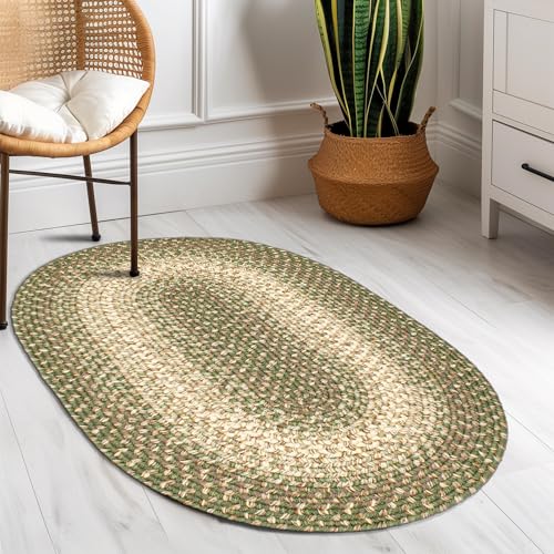 Super Area Rugs Braided Rugs 2X3 Farmhouse Kitchen Rug - Ridgewood Braided Rug for Front Door Entryway - Reversible - Indoor/Outdoor - Made in USA - Forest Green/Beige, 2' W X 3' L Oval
