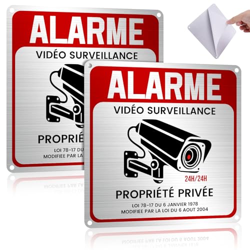 2 Pièces Alarme Video Surveillance en Aluminium,15×15 cm Panneau Propriété Privée en Aluminium Adhesif,24H Vidéo Surveillance Panneau Résistant aux UV...