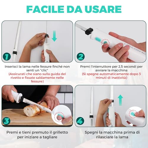 HAUSHOF Coltello Elettrico a Batteria con Coltello da Pane 18cm, Coltello da Bistecca 20cm e Forchetta, Coltello da Cucina Batteria 2000mAh, Ideale per Affettare Cotolette, Pane, Formaggio - Bianco - immagine 5