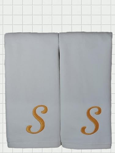 Miniatura 2 de Juego de 2 toallas bordadas doradas con monograma, 11 x 18 pulgadas, extra absorbente, 100% algodón turco, acabado de terciopelo suave, para baño,