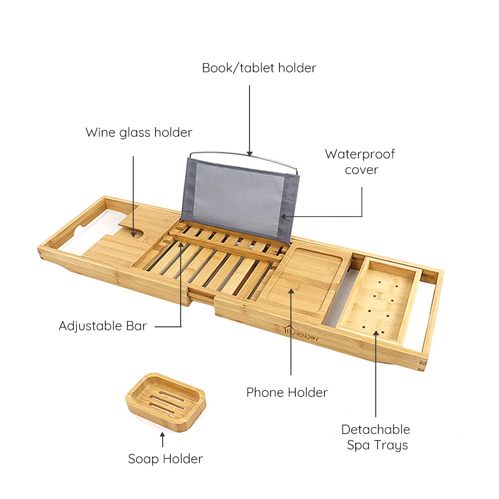 Vassoio Per Vasca Da Bagno In Bambù | Regolabile, Con Portabibite E Supporto Libri | Idea Regalo Spa - Foto 9