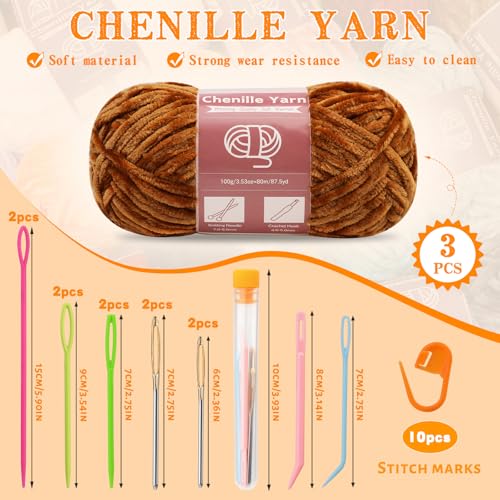 Image of LUNARM Chenille Yarn 3 Pack 3.5oz Chunky Blanket Velvet Yarn 263 Yard | Khaki Velvet Chunky Chenille Yarn for Beginners Crocheting Hand Knitting Scarves with Big Eye Needles Machine Washable