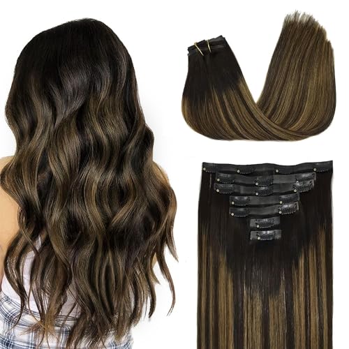Image of GOO GOO Clip in Hair Extensions Real Human Hair, Remy Human Hair Extensions Clip ins for Women, Natural Human Hair, 18inch 130g 7Pcs, 1B /6 /1B Balayage Natural Black to Chestnut Brown