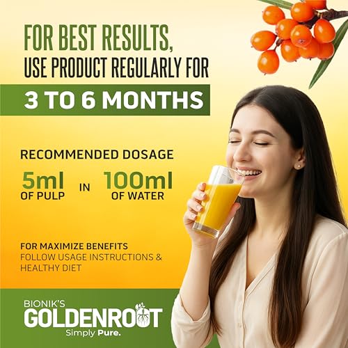 Image of Bionik Goldenroot Sea Buckthorn Juice | Cold-Pressed Pulp Concentrate | Rich in Vitamin C, Omega 3, 6, 7, 9 & Antioxidants | Supports Immunity, Skin & Gut Health | For Men & Women (1000 ml)