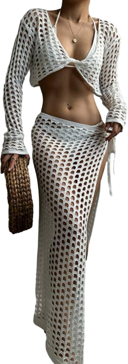 Women's Bikini Swimsuits Two Piece Crochet Fishnet Bra Top Maxi Skirt Cover Up Set Beach Outfits