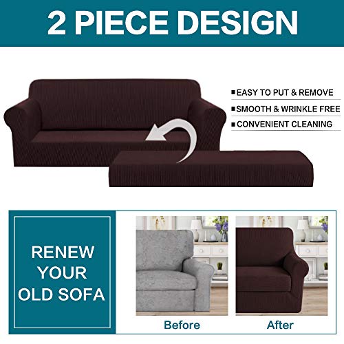 Image of Turquoize Spandex 2 Piece Sofa Cover Couch Cover with Separate Cushion Cover Brown Furniture Cover /Protector Jacquard Lycra Sofa Cover Form Fit Slip Resistant Machine Washable (Sofa, Brown)