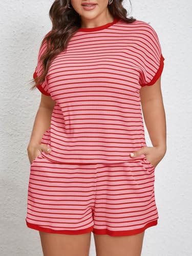 Image of Beautife Womens Plus Size Lounge Set 2 Piece Outfits Stripe Short Sleeve Shirts Tops Shorts Summer Casual Loungewear
