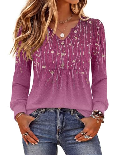 Image of Zeagoo Womens Long Sleeve Tops Fall V Neck Shirt Casual Pleated Tunic Top