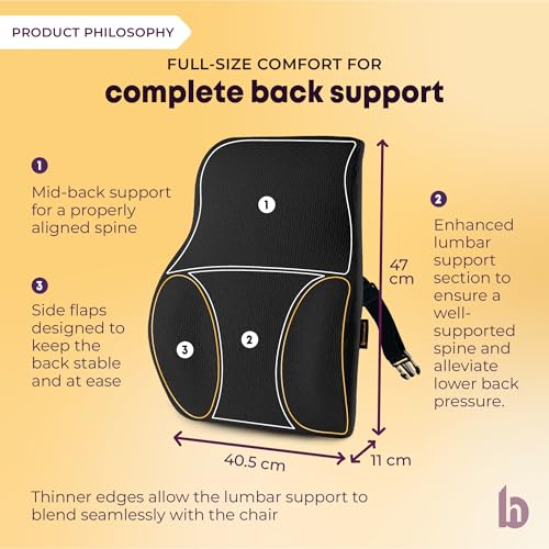 Image of betterhood PosturePro Premium Back Support Cushion for Office Chair and Car Seat | High Density 100% Memory Foam, Cotton Cover | Large Size | Orthopedic Ergonomic Lumbar Backrest for Back Pain (Black)
