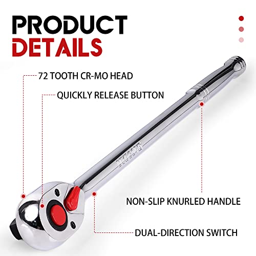 Uyecove 1/2-Inch Drive Ratchet Wrench, 1/2 Ratchet Wrench, Socket Wrench, 72-Tooth、Quick-Release Reversible Cr-Mo Head, Chrome Steel Made - 15''38Cm #TOP2